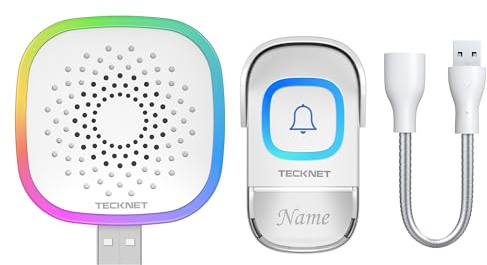TECKNET Funkklingel mit USB Empfänger, IP65 Aussen Wasserdicht Klingel Haustür mit RGB Licht, Mini Kabellose Türklingel Set, Verlängerungsstab, 400m Reichweite, Klingel 60 Melodien 5 Stufen Volumes
