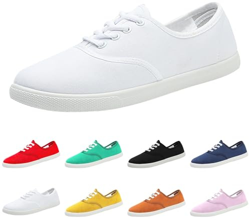 Momolaa Size 8 Women's Canvas Casual Shoes Flat Pumps Plimsolls Canvas Slip-On Sneakers Half Lace Up Plimsoles for Unisex Women Z0_Sale Clearance White