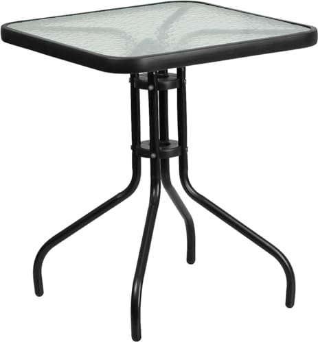 NMK HOME Gartentisch quadratisch 60 × 60 cm Schwarz – Metallgestell & 4 mm Sicherheitsglas – wetterfester Balkontisch/Terrassentisch