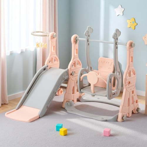 Tobogán infantil 4 en 1 para interiores y exteriores con columpio, estructura de escalada, canasta de baloncesto, tobogán de jardín, parque infantil, fácil montaje (rosa, 4 en 1)