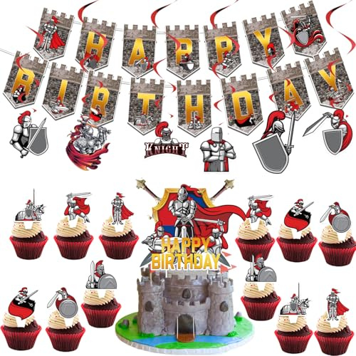 Juego de decoración de fiesta de cumpleaños de caballeros medievales, incluye anillo de tren de feliz cumpleaños, decoración para tartas y decoración colgante.