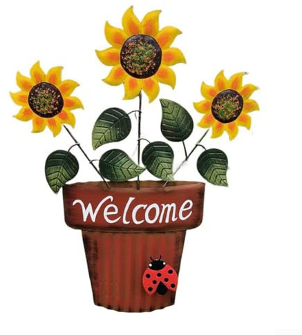 DAZZLEEX Willkommensschild aus Metall, für Garten, Sonnenblume, Blumentopf, Pfahl, Outdoor, Hof, Veranda, Terrasse, Zaun, hängend, wetterbeständig, Dekoration für drinnen und draußen, Hof (rot)
