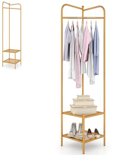 HOMASIS Eck Garderobenständer aus Metall, 3 in 1 Kleiderständer mit Kleiderstange & Schuhregal & Ablagen, freistehende Garderobe Eckgarderobe Flurgarderobe für Flur, Wohnzimmer, Schlafzimmer (Golden)