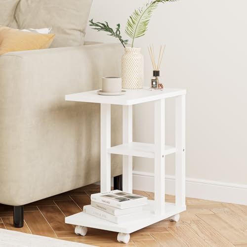 Apetaccat Side Table on Wheels, C-Shaped Sofa Table, Narrow Side Table, Wood Coffee Tables,Small End Tables Bedside for Living Room, Bedroom,White