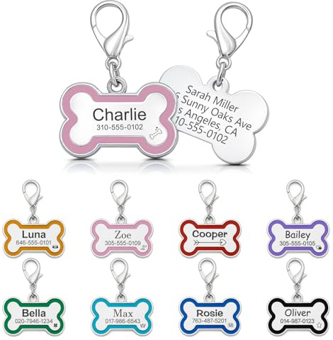 Dog Tags for Pets Engraved UK, Personalised Stainless Steel Pet Tag with Any Name & Text, Custom Tags for Pet Dogs, Dog ID Tags with Clasp (Bone-Style, Pink)