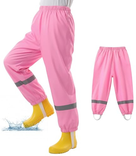 WUDEUI Waterproof Trousers Kids, Lightweight Rain Overtrousers for Boys Girls, Mud Proof Rainy Pants with Reflective Strip for Toddler Children Age 3-10 Years School Outdoor Play Pink