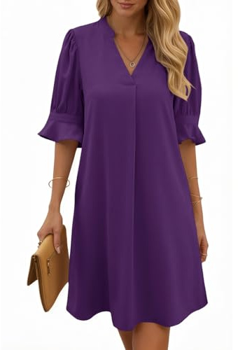 Cicy Bell Robe d'été élégante pour femme - Manches mi-longues - Col en V - Robe de fête - Robe de loisirs - Couleur unie - Robe midi décontractée - Robe courte