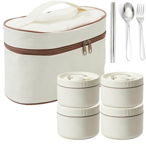 4 st. termobehållare för mat, 2 000 ml termolåda i rostfritt stål, stapelbara brödburkar, termoskål med lock, läckagesäker termolåda för mat för hem, kontor, picknick, med bärväska