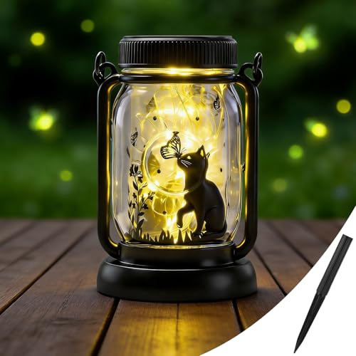 Starvortex Solarlaterne für Außen Katze, Solar Laterne für Draußen mit ABS Erdnägel, IP65 Wasserdicht Solar Gartenleuchten für Außen Garten Balkon Tisch Deco, Geschenk für Frauen Katzenliebhaber