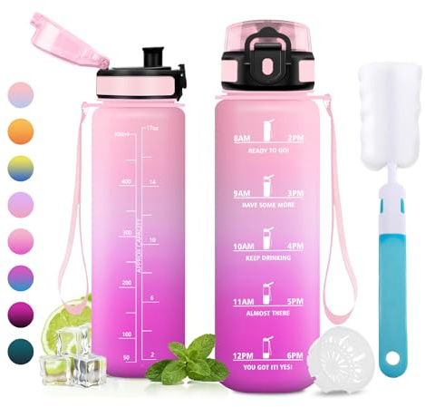 JAPORIA Gourde 500ml, Gourde avec Filtre, Bouteille sans BPA, Gourdes Motivation avec Marqueur de Temps pour École, Camping, Bureau, Fitness