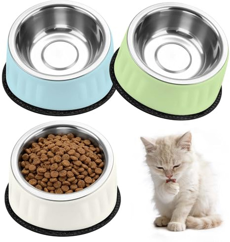 Kattskål i rostfritt stål, 3 stycken upphöjda matskålar för katter, 15° lutning, avtagbar med halkfri matta för vatten och snacks, lämplig för katter och hundar