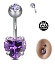 MODRSA G23 Solid Titanium Belly Button Bars, 14G 10mm Belly Button Piercing Jewellery with Heart Purple CZ, Silver Curved Navel Ring Body Piercings for Women