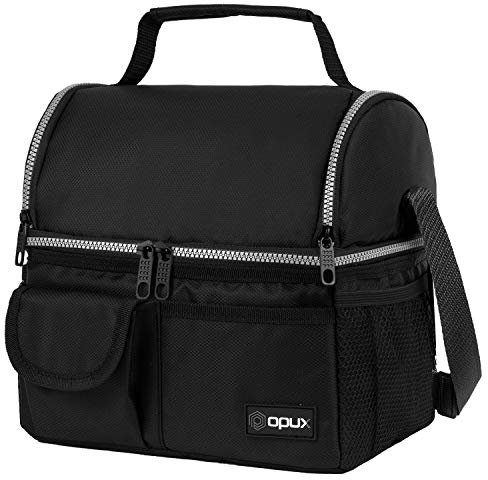 opux Insulated Lunch Bag Women Men, Dual Compartment Leakproof, Black