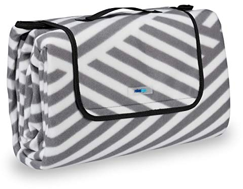 Relaxdays Picknickdecke XXL, 200 x 200 cm, wärmeisoliert, Faltbare Stranddecke, wasserdicht, mit Tragegriff, grau-weiß