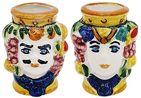 sicilia bedda - Portastuzzicadenti in Ceramica di Caltagirone - Teste di Moro - Prodotto 100% Artigianale - H. Cm 6 (Giallo)