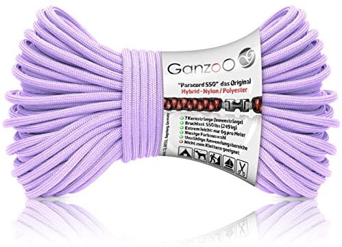 Ganzoo Paracord 550 lina 30m, 4mm typ 3 pastellavender, hybrid nylon polyester, ca 250kg brottlast, 32-flätad mantel och 7 innertrådar, för armband hundkoppel halsband samt outdoor camping