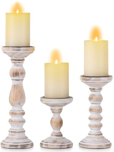 Romadedi Kerzenständer Holz für Stumpenkerzen, 3er-Set, Vintage Weiß