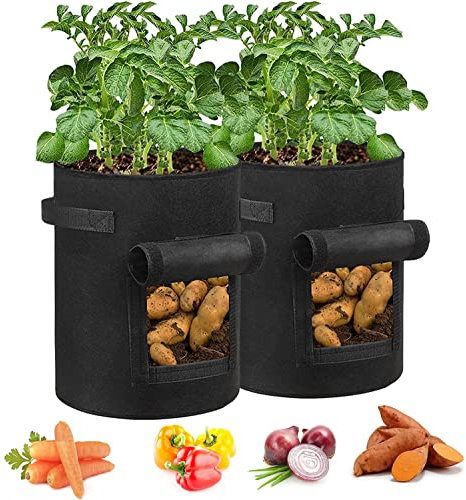2 Pcs 7 Gallon Breathable Fabric Plant Vegetable Growing Bag Garden Planter Pots Container with Window Flap and Strap Handles for Potato Tomato Carrot Vegetable Nursery Garden