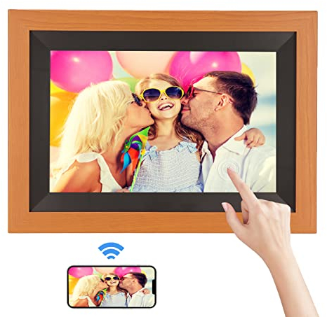 Goshyda Digitaler 10,1-Zoll-WLAN-Bilderrahmen, 1280 X 800 IPS HD-Touchscreen, Smart Cloud, Digitaler Bilderrahmen mit 12 GB Speicher, Automatische Drehung, Teilen von Momenten über die(Braunes Holz)