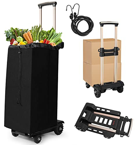 Faltbarer Handwagen, geräuschlose, verschleißfeste PU-Tankräder und einstellbare Aluminium-Deichsel, Abnehmbare Tasche,60 kg Tragfähigkeit und geringes Gewicht (1,8 kg), tragbarer robuster Sackkarren