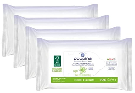 POUPINA - natürliche Babytücher x 60 – ohne Parfum, hypoallergen – feuchtigkeitsspendend und schützend – Faser 0 Kunststoff 100% natürlich – vegan – 99,6% natürliche Inhaltsstoffe – 4 Stück