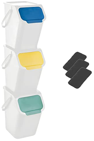 Go Practic Lot de 3 poubelles et 3 filtres à charbon bioactif, boîte empilable, couvercle à clic, système de tri des déchets, poubelle avec couvercle, 3 couleurs, 25 l chacune, blanc