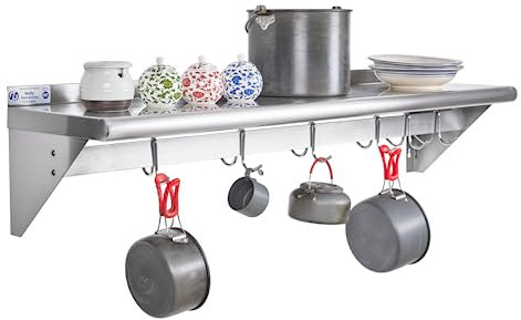 HALLY Estante de acero inoxidable con 6 ganchos de 12 x 48 pulgadas, estante flotante comercial NSF para almacenamiento de ollas, sartenes, utensilios de cocina en restaurante, cocina, hogar y hotel