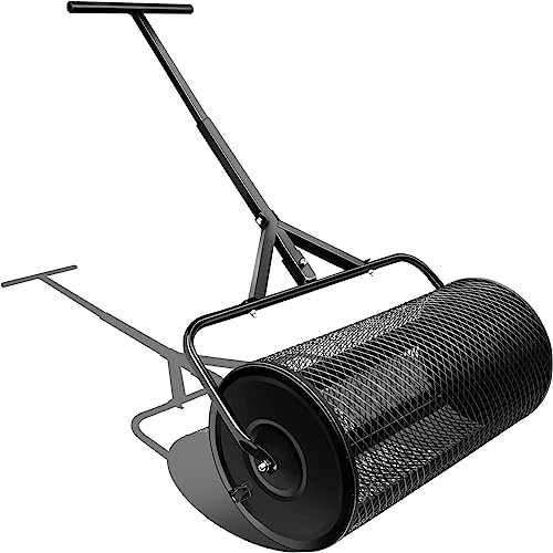 Kompoststreuer, Langlebiger Torfmoosstreuer, Rasenwalze, Leichte Miststreuwalze mit T-förmigem Griff, Oberer Bodenstreuer für Rasen und Garten,Black-12.5 * 24in