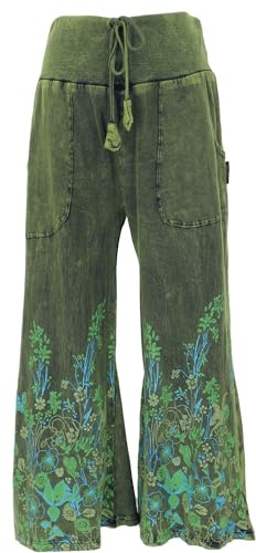 GURU SHOP Palazzohose, Boho Baumwollhose, Hippiehose mit Blüten, Schlaghose - Grün, Damen, Size:XL