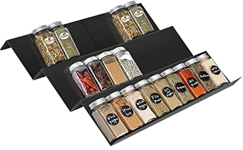 Gewürzregal Schublade Organizer Gewürz Schubladeneinsatz von 23cm bis 46cm ausziehbar, Kohlenstoffstahl Küchenregal Gewürztreppe mit 3 Ebenen, Küchen Organizer Schublade Ordnungssystem Dosenregal