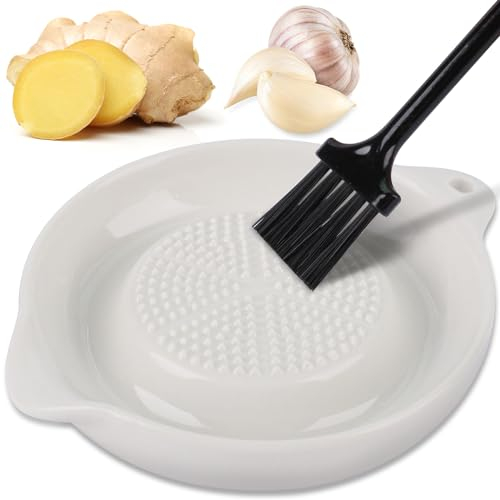 Fzyisw Garlic Grater Plate, Ginger Garlic Grater Ceramic with Mini Brush, Garlic Plate Grater, Ginger Grater for Ginger, Garlic, Onion and Spices, Easy to Clean and Storage