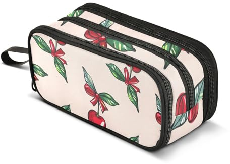 Estuche para lápices retro con lazo de cerezo rojo, bolsa de gran capacidad para niños y niñas, 3 compartimentos, organizador de papelería, estuche para escuela, oficina, trabajo, Lazo de cerezo rojo