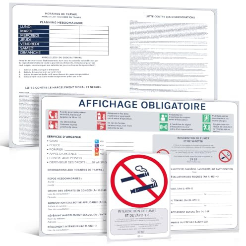 Affichage Obligatoire Entreprise 2026 – Pack Conformité Code du Travail (2 Affiches Modulaires+Sticker A5 Interdit de Fumer)–résistant à l'humidité, Effaçable, Adhésifs inclus – Fabriqué en France