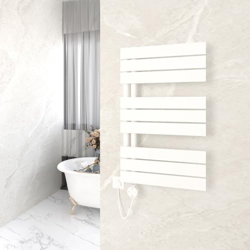 GY Bath Scaldasalviette elettrico con termostato, 845 x 500 mm, bianco, design piatto, con attacco laterale con barra riscaldante, timer, scaldasalviette, 600 W