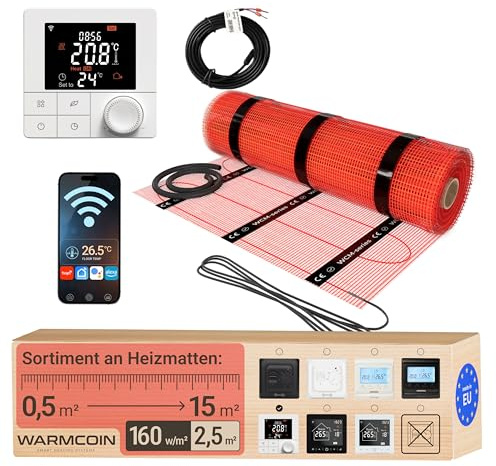 Warmcoin Elektrische Fußbodenheizung Paket 160 W/m² – Fliesen, Laminat & Vinyl – 2,5 m² – W40 WLAN-Thermostat mit komfortabler Temperatursteuerung – Smart Home