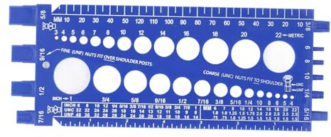 Misuratore di Filettatura per Dadi e Bulloni, Misura Metrica M3 a M22 Montabile a Parete e Misure Imperiali #4 a 3/4 con Fori e Perni per Chiodi, Controllo della (BLUE)