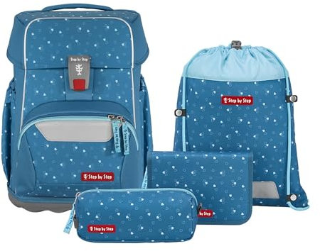 Step by Step Basis Schulranzen-Set „Blue Hearts“, 4-teilig, blau, ergonomischer Tornister mit Reflektoren, Hüft- und Brustgurt, für Kinder ab der 1. Klasse, 20 Liter
