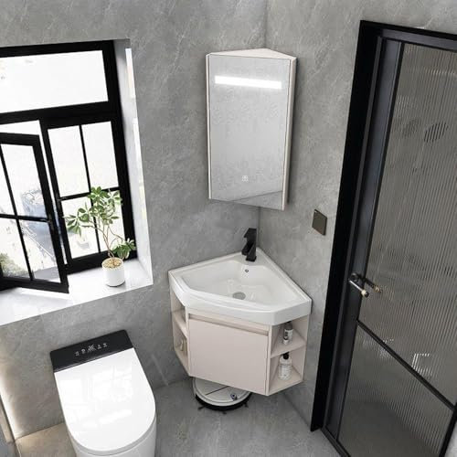 Mobiletto angolare per bagno, piccolo mobiletto per bagno con lavandino e mobiletto a specchio, specchio con luce soffusa a LED, set lavabo per bagno a parete, per cucina di casa, patio (56 cm)