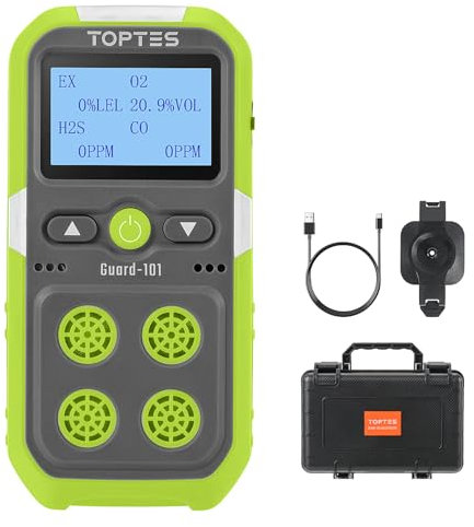 TopTes Guard-101 4 Gas Monitor Multi Gas Detector for H2S, CO, LEL and O2, with Vibration, Visual and Audible Alarms, 14h Long Battery Life, Safety Explosion-Proof, Gas Monitor for Work, Home - Green