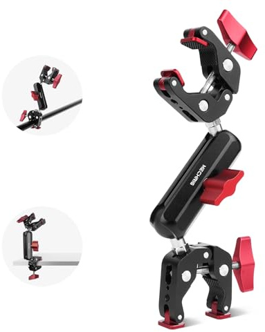 Mechrig Super Clamp Double Camera Clamp,Dual Clip Mount with Magic Socket Arm - 3/8 & 1/4 Screw, Heavy-Duty Clamps for Desk & Cross Bars& Tripod & Handlebar,All Metal -Max Load Capacity 8.8LB,JC010
