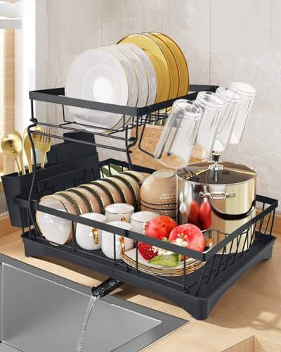 Dish Drainer Rack, 2 Tier Dish Rack Drainer for Kitchen with Drip Tray, Space-Saving Sink Drainer Rack with 360° Swivel Drainage Spout, Dish Drying with Cups, Utensil & Cutting Board Holders, Black