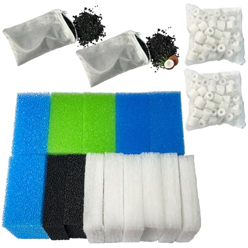 beaufan Set di filtri per acquario compatibile con Juwel Bioflow 3.0 M (2 spugne sottili blu, 2 spugne grosse blu, 2 spugne verdi, 2 spugne ai carboni attivi, 6 ovatta filtrante, 2 filtri al carbone