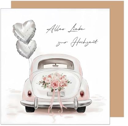 Edition Seidel Premium quadratische Glückwunschkarte zur Hochzeit mit Umschlag. Hochzeitskarte Grußkarte Vermählung Just Married Oldtimer Ballons Herz (HQ121 SW025)