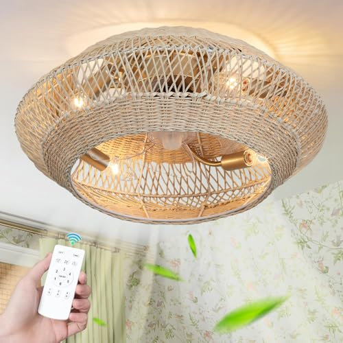 Ventilateur de plafond avec éclairage et télécommande - Style bohème - En bambou - Silencieux - 6 vitesses - Réversible - Minuterie - Vintage - Pour chambre à coucher, cuisine - 50 cm