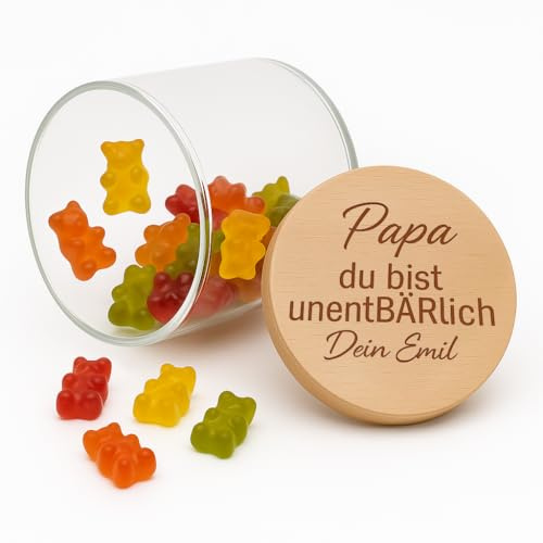 Happy Box® Personalisiertes Vorratsglas mit Gravur – Geschenk Papa – Vatertagsgeschenk – Glas mit Deckel – personalisiertes Glas – Papa Geschenk (Papa du bist UnentBÄRlich, klein - 200ml)