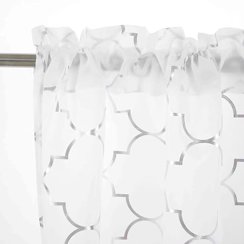 2 Pack Geometric Silver Window Valance, Quatrefoil Trellis Valanes for Windows, Moroccan Window Treatment for Room Decorations, 54 x 18 Inch(L x H), 2 Panel