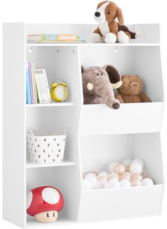 SoBuy Libreria Montessoriana per Bambini - Scaffale Portagiochi con 5 Scomparti Aperti - Libreria da Terra per Cameretta Bianco 80x34x104 cm KMB55-K-W