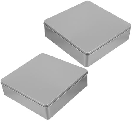 VILLFUL 2 pack Large Square Tinplate Storage Box with Lid Airtight Metal Cookie Tin for Biscuits Tea Candy Trinkets and Household Items 7.87 X 7.87 X 2.17in Tabletop Decorative Box