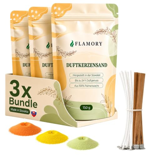 Flamory Kerzensand mit Duft Fresh Set 3x150g, inkl. 9 Dochte, 72h Brennzeit | Düfte im Set: Orange, Citronella, Verbena. Pflanzlicher Duftkerzensand aus der Slowakei, ohne Paraffin, rußarm.