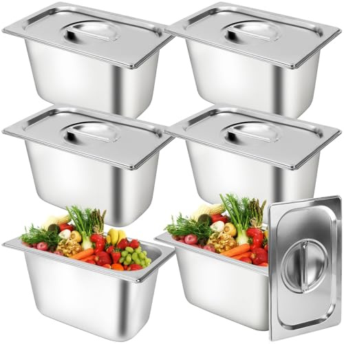 OJMHD 6er Set GN 1/4 Behälter Gastronormbehälter aus Edelstahl, 27 x 16 x 15 cm Fassungsvermögen mit Deckel, Speisenbehälter Catering-Pfannen für Gastronomie, Buffet, Bain Marie & Catering